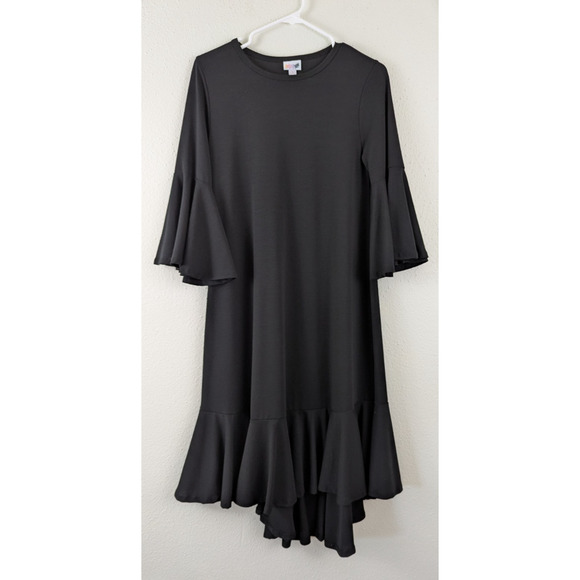 Lularoe sz S Maurine Dress black slinky stretchy 3/4 bell sleeves midi 3136 - Picture 1 of 6